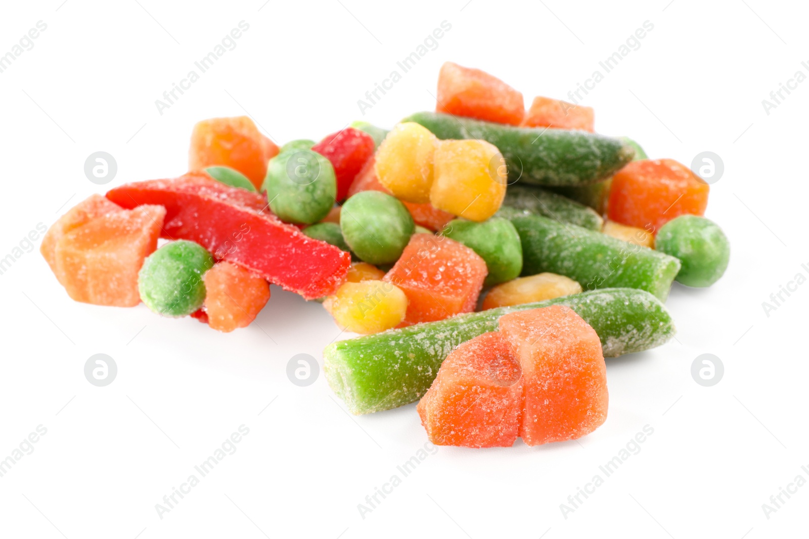 Photo of Mix of different frozen vegetables isolated on white