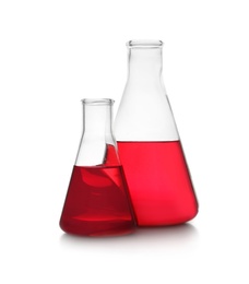 Conical flasks with red liquid on white background. Laboratory glassware