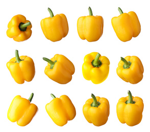 Image of Set of ripe yellow bell peppers on white background