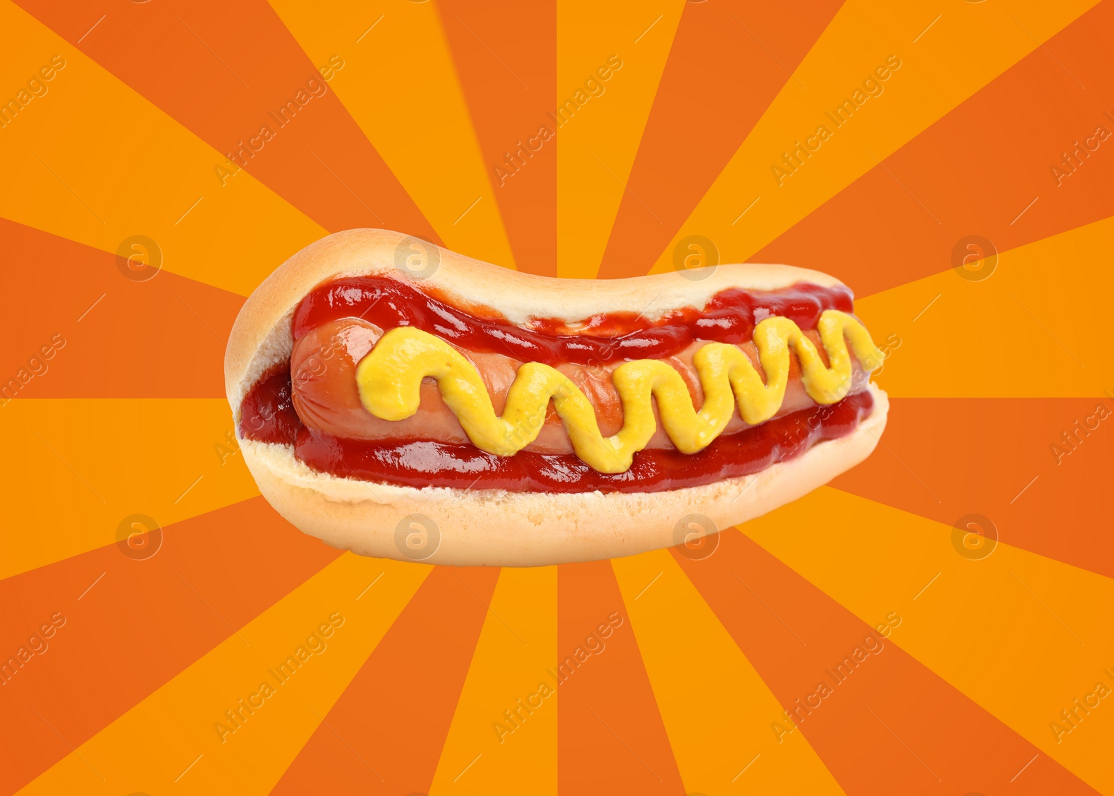 Image of Yummy hot dog with ketchup and mustard on bright comic background