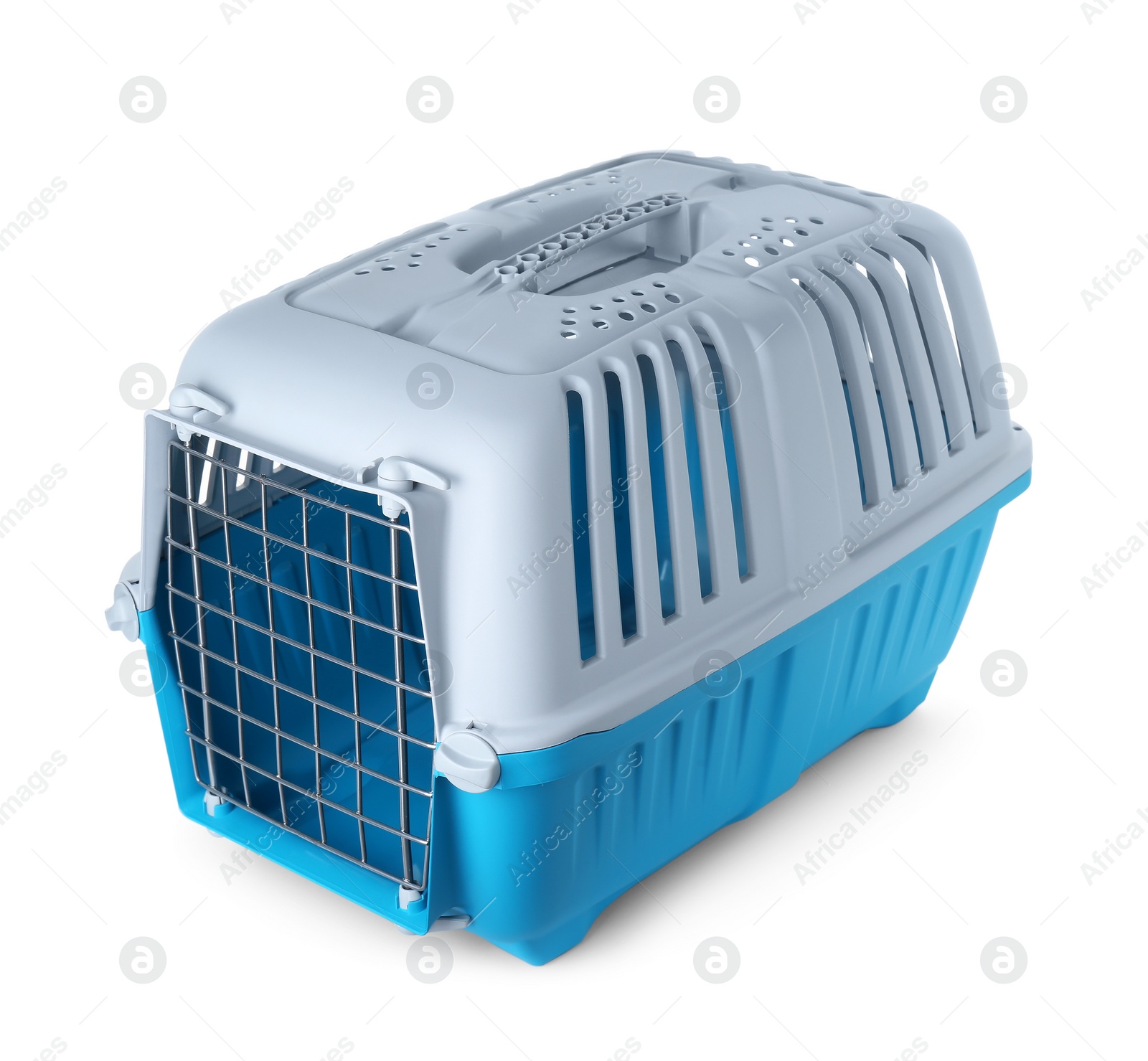 Photo of Light blue pet carrier isolated on white