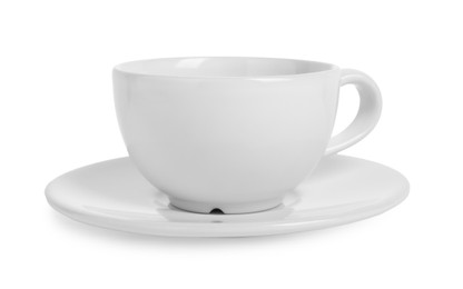 Photo of Ceramic cup with saucer isolated on white