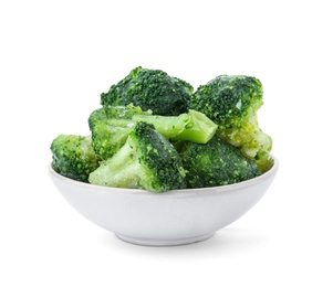 Photo of Bowl with frozen broccoli on white background. Vegetable preservation