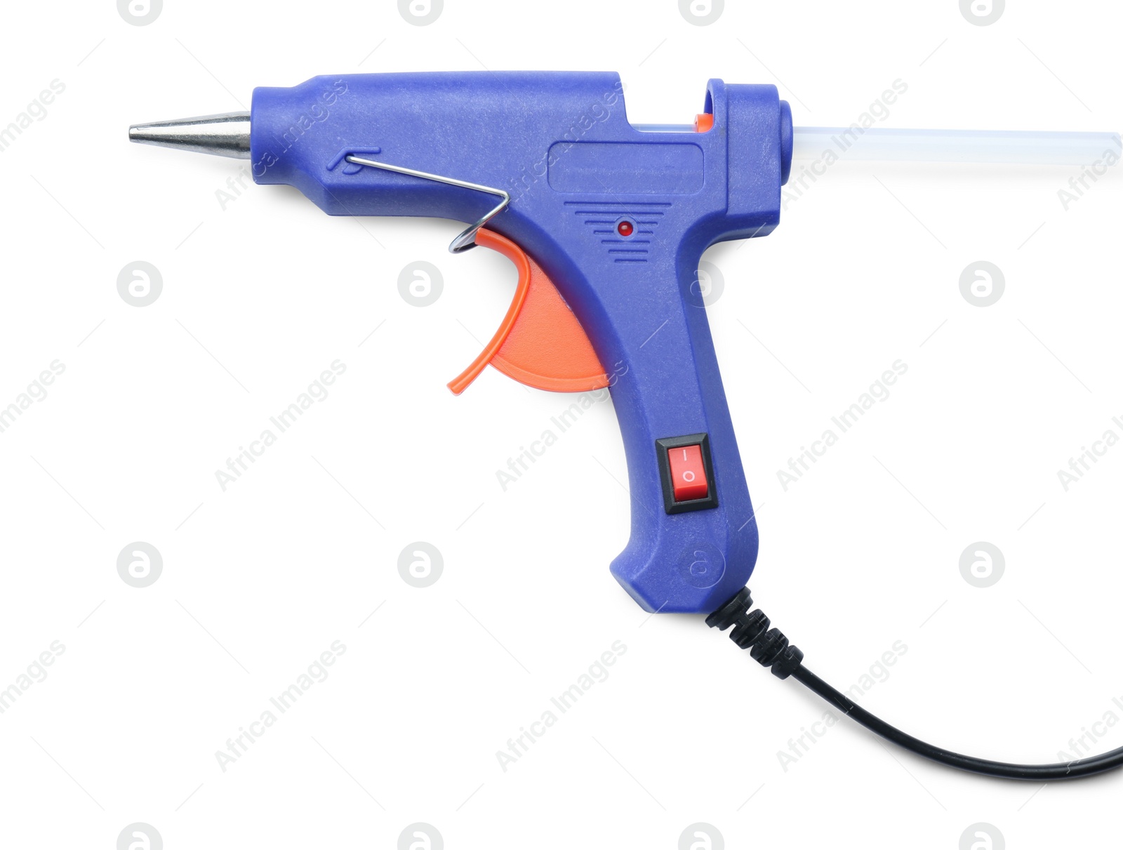 Photo of Blue glue gun with stick isolated on white, top view