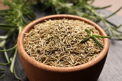 Photo of Closeup view of bowl with dry rosemary