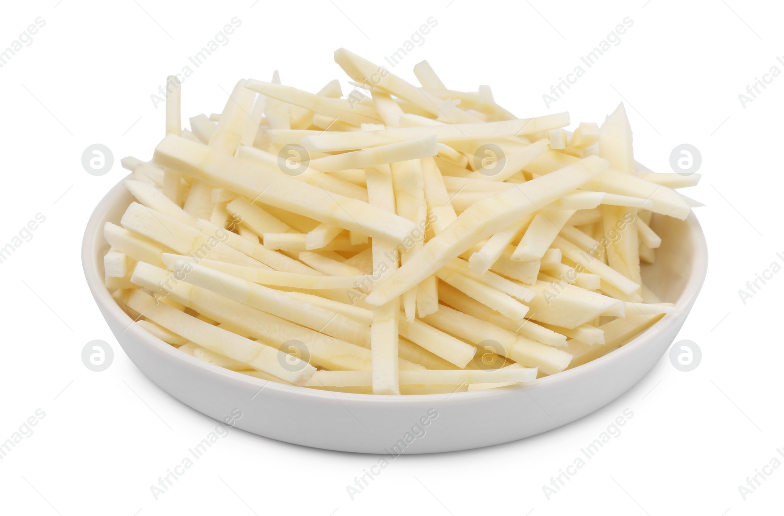 Photo of Plate with cut fresh parsnip on white background