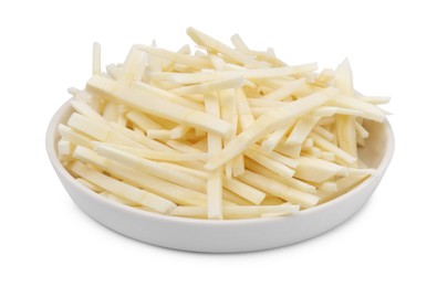 Photo of Plate with cut fresh parsnip on white background