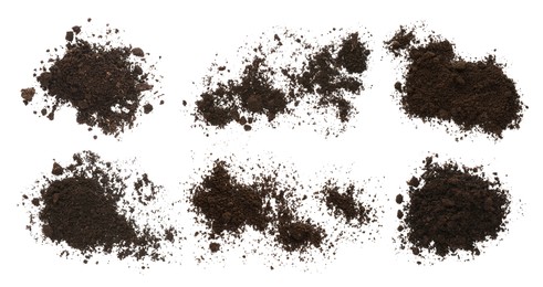 Image of Set with piles of fertile soil on white background, top view