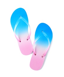 Photo of Bright flip flops on white background. Beach object