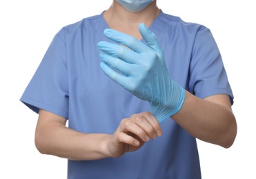 Doctor wearing light blue medical glove on white background, closeup