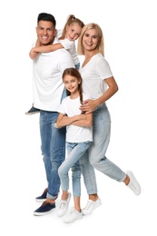 Photo of Portrait of happy family on white background