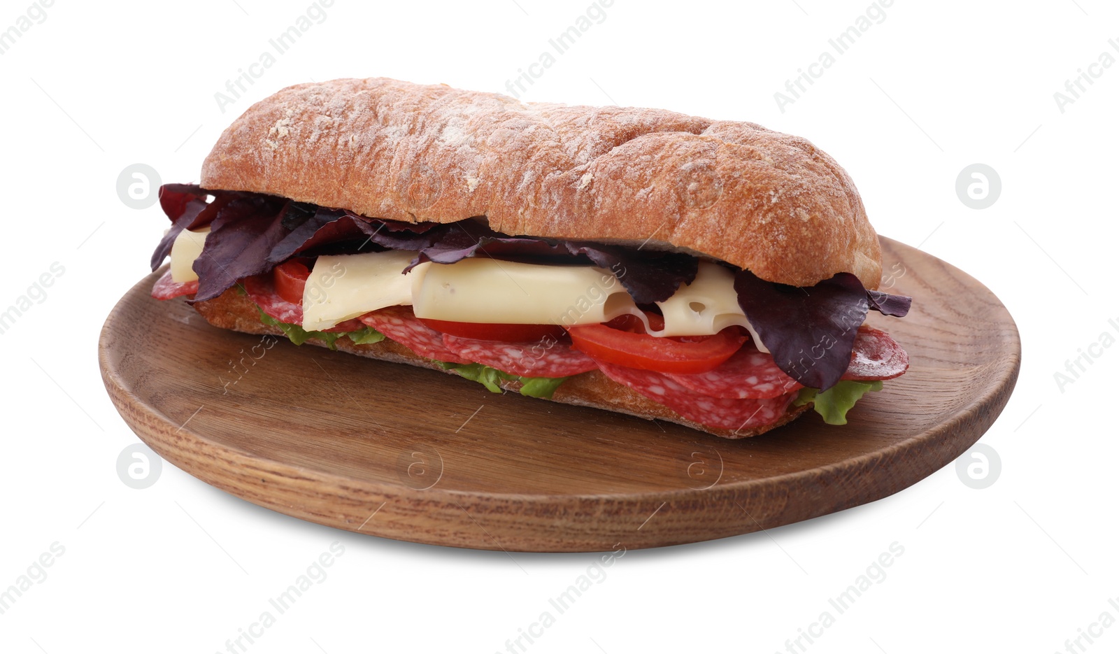 Photo of Delicious sandwich with cheese, salami, tomato isolated on white