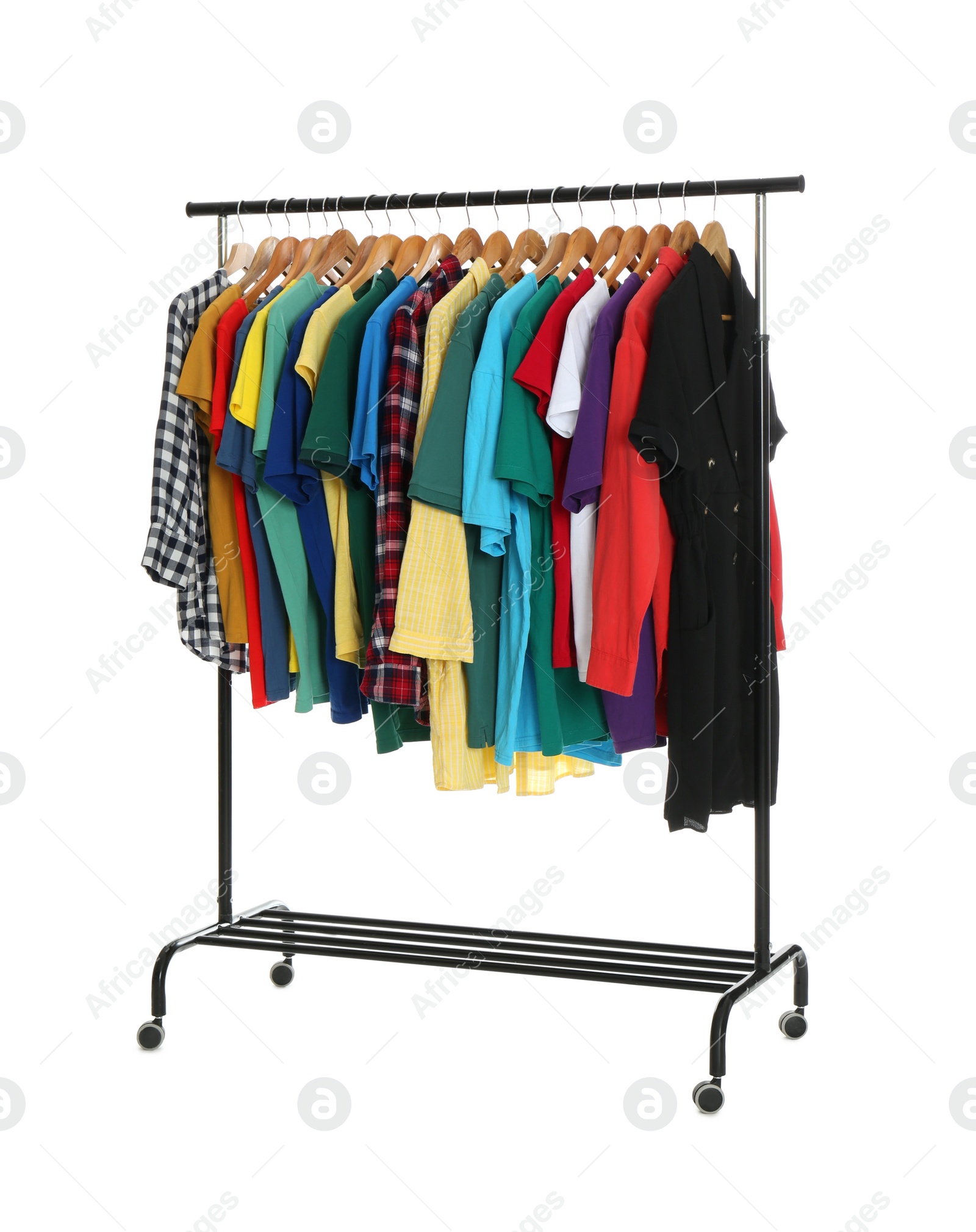 Photo of Rack with stylish t-shirts isolated on white