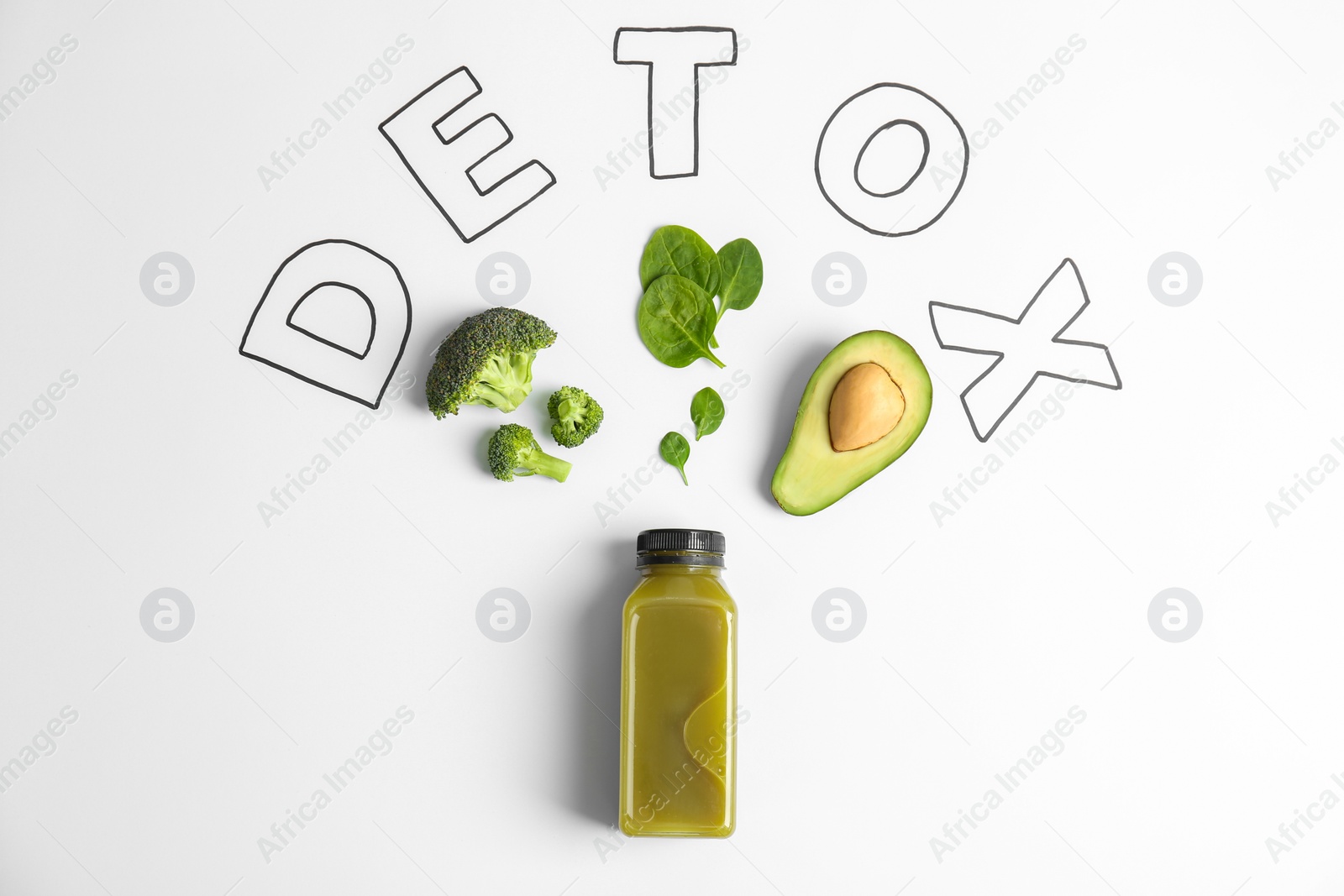 Photo of Flat lay composition with word DETOX, healthy smoothies and ingredients on light background