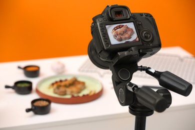 Photo of Professional camera with picture of meat medallion on display in studio, space for text. Food stylist