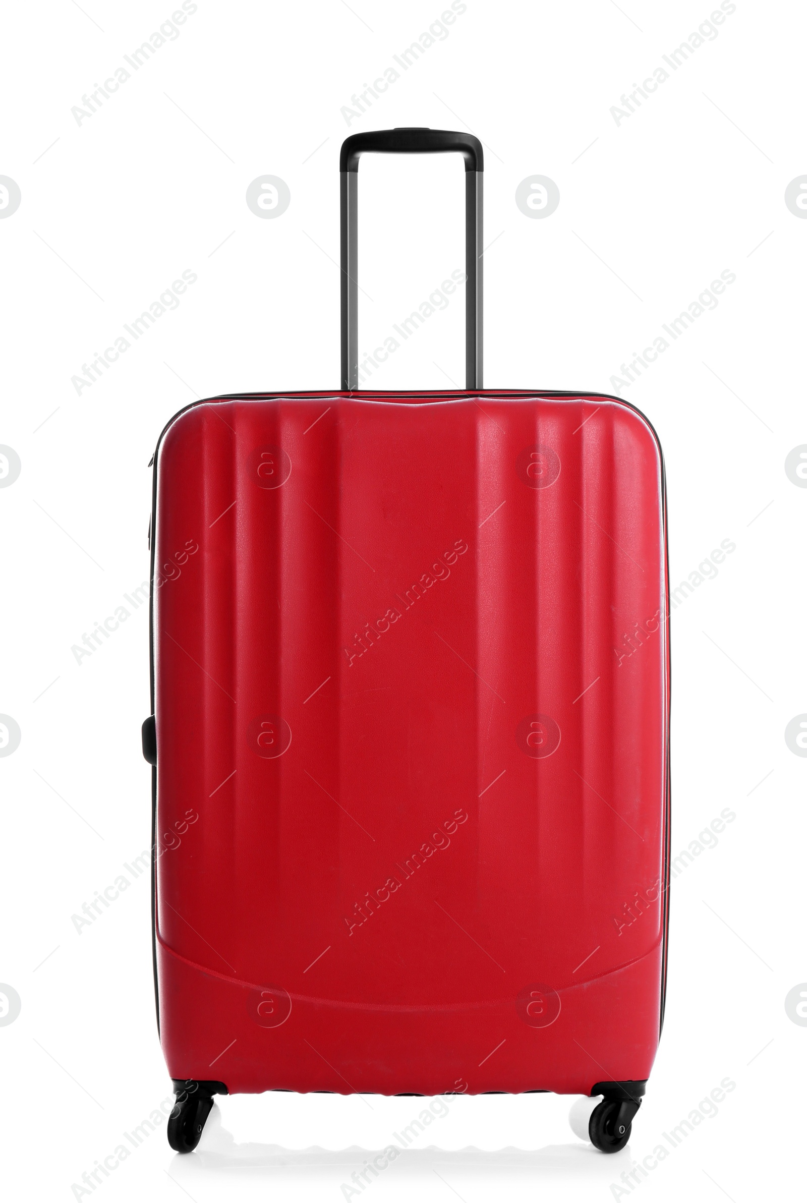 Photo of Red suitcase for travelling on white background