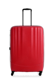 Photo of Red suitcase for travelling on white background