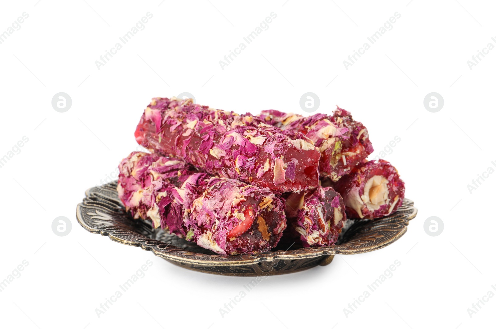 Photo of Turkish delight dessert in plate on white background