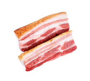 Photo of Piecesraw pork belly isolated on white, top view