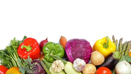 Many fresh ripe vegetables on white background, top view. Space for text