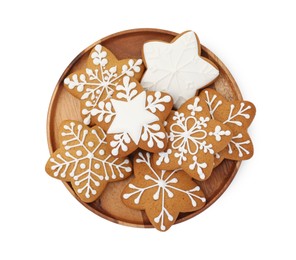 Tasty star shaped Christmas cookies with icing isolated on white, top view