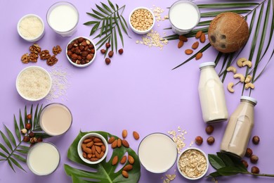 Photo of Frame of different organic vegan milks and ingredients on violet background, flat lay. Space for text