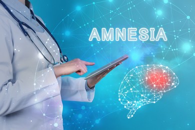 Amnesia therapy. Illustration of human brain and doctor with tablet on light blue background, closeup