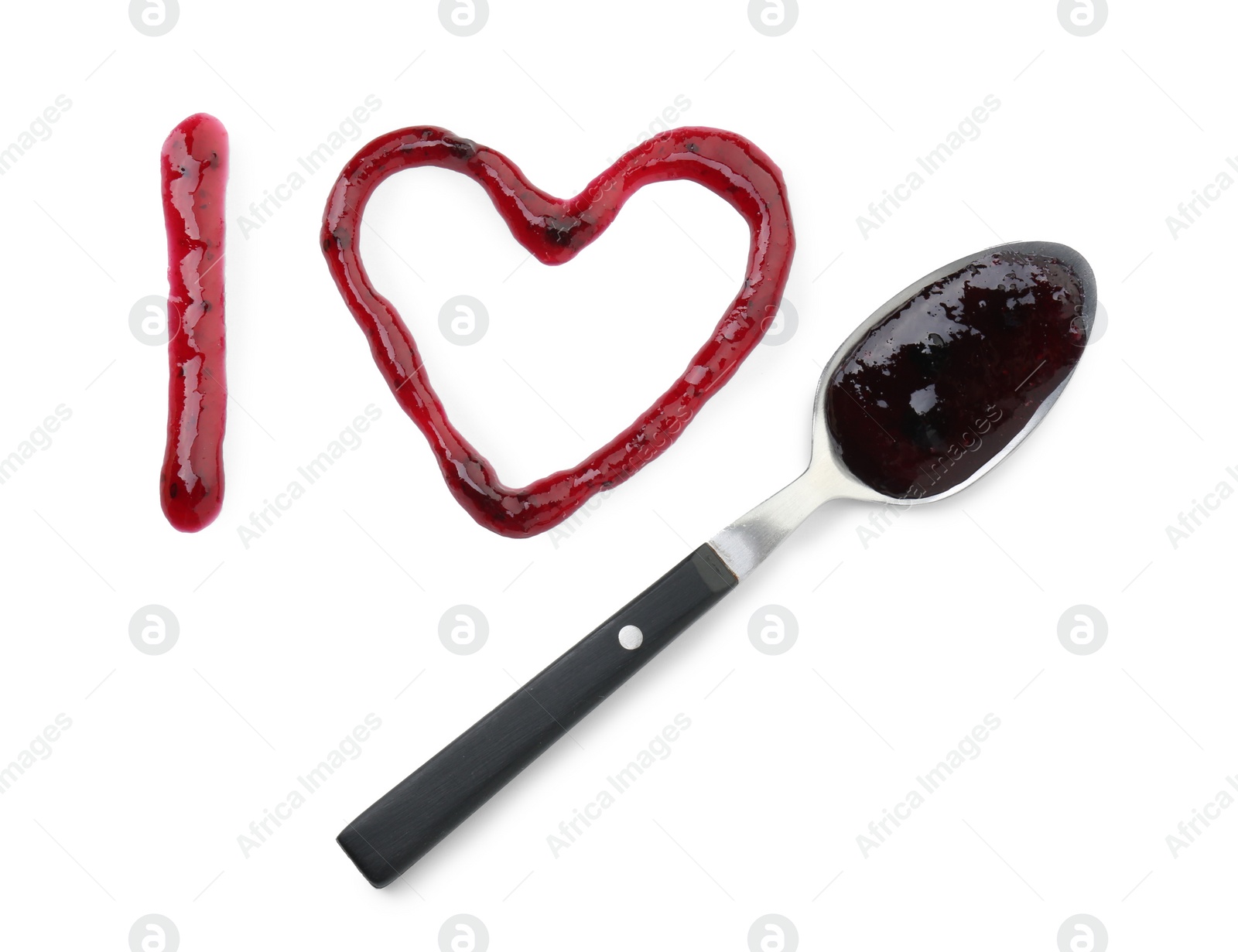 Photo of Letter I, heart made of tasty sweet jam and spoon isolated on white, top view