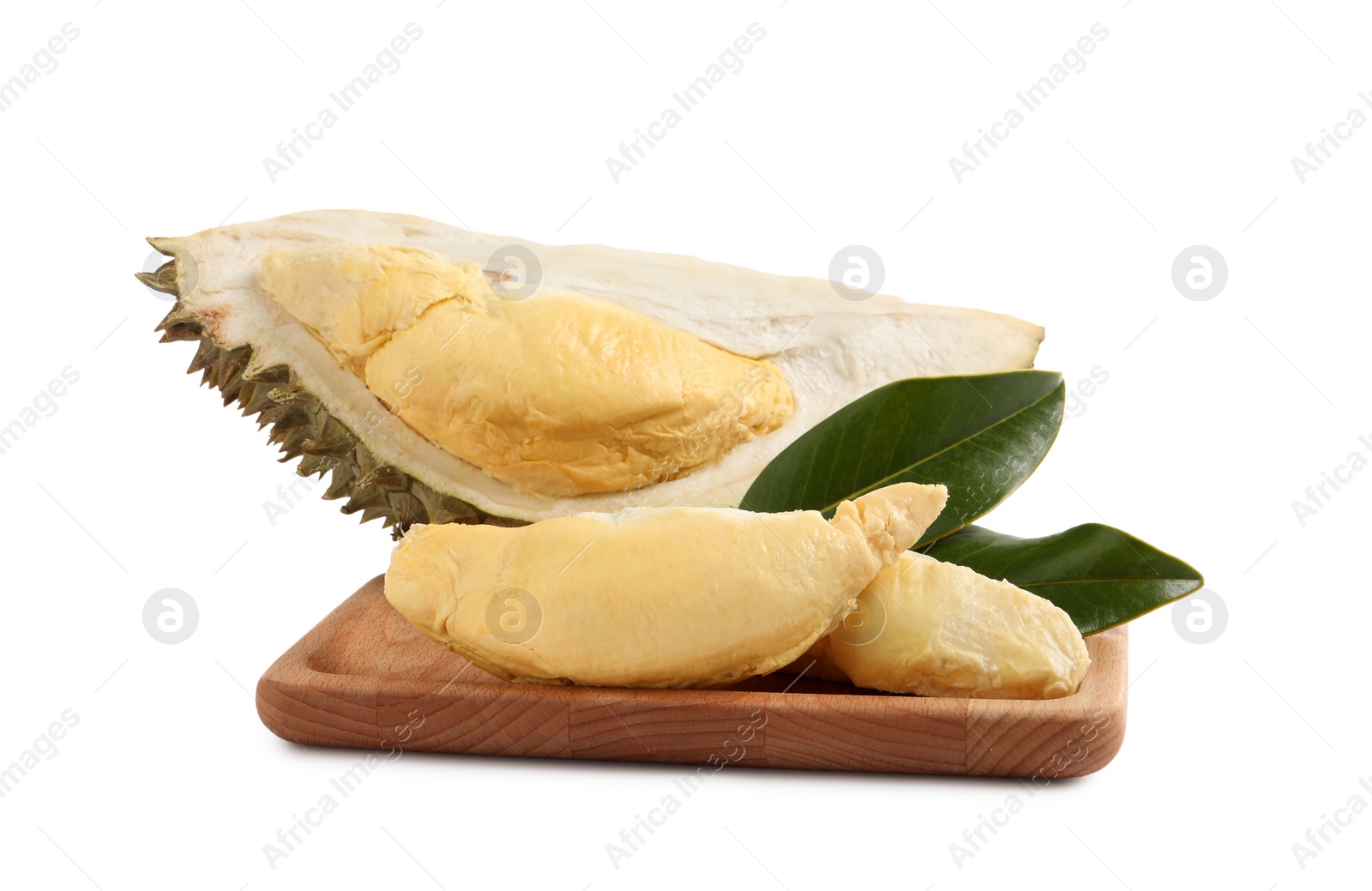 Photo of Fresh ripe durian with green leaves on white background