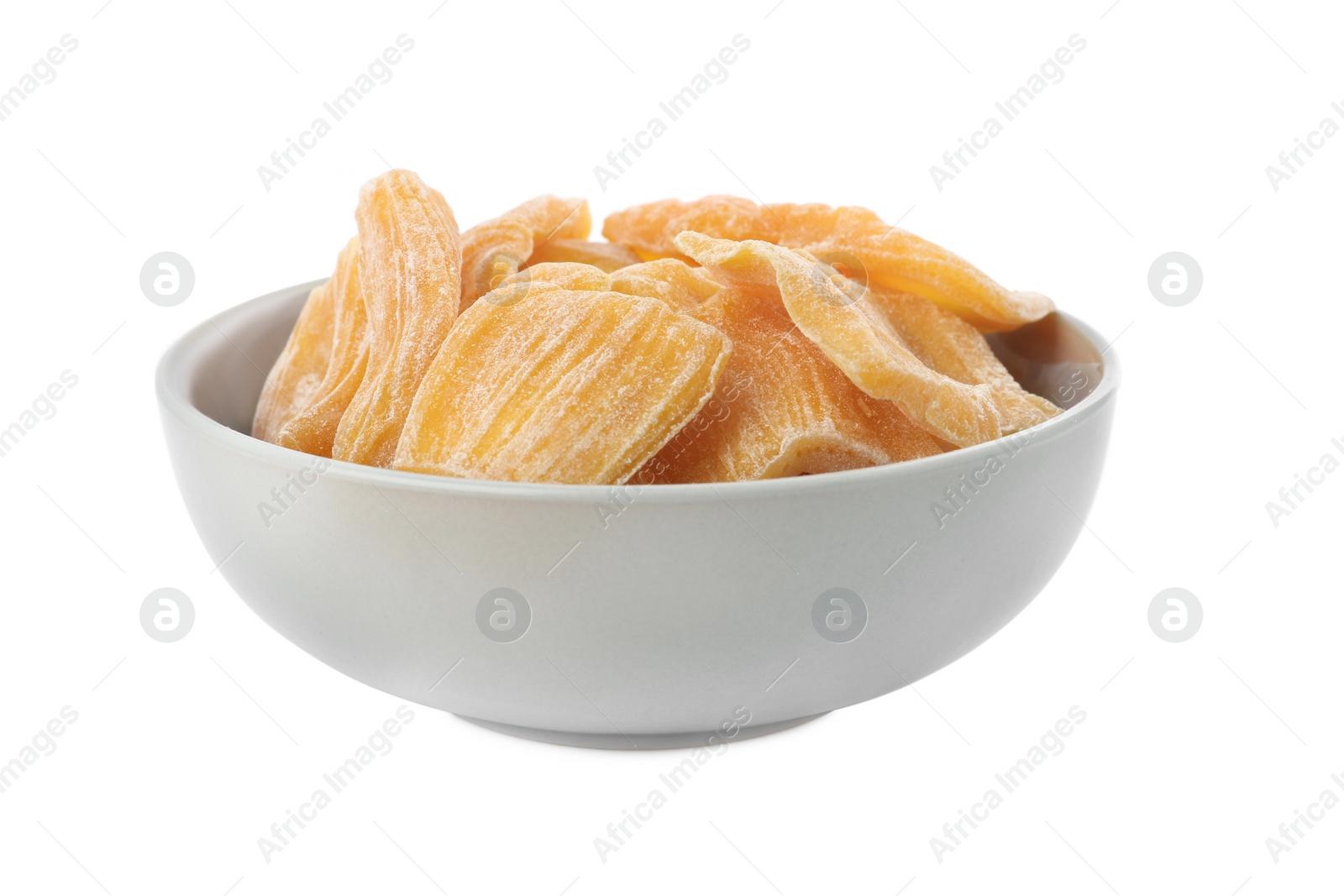 Photo of Sweet dried jackfruit slices in bowl on white background