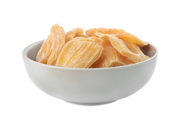 Sweet dried jackfruit slices in bowl on white background