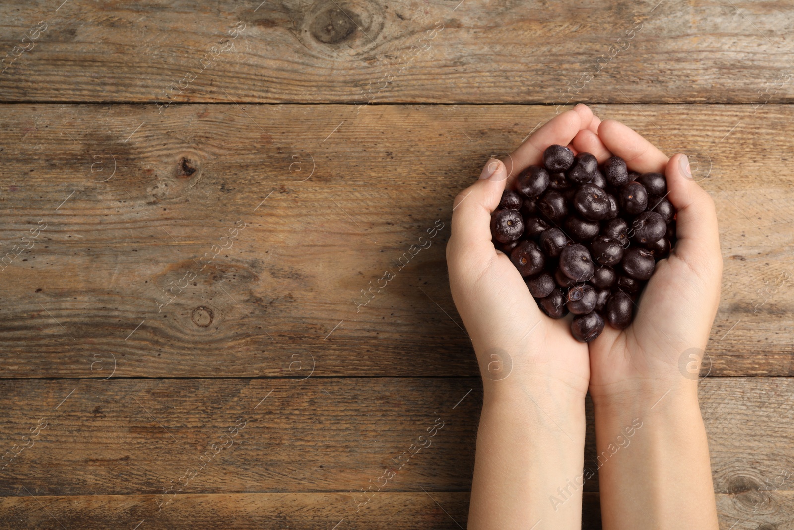 Photo of Top view of woman holding fresh acai berries on wooden background, closeup. Space for text