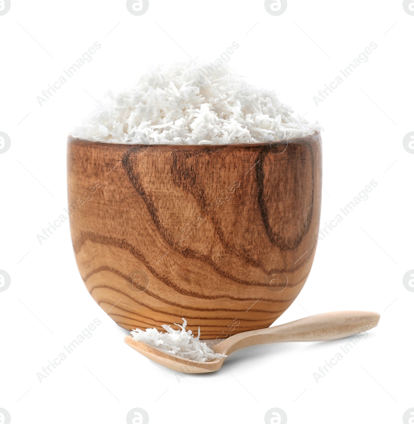 Photo of Fresh coconut flakes in bowl on white background