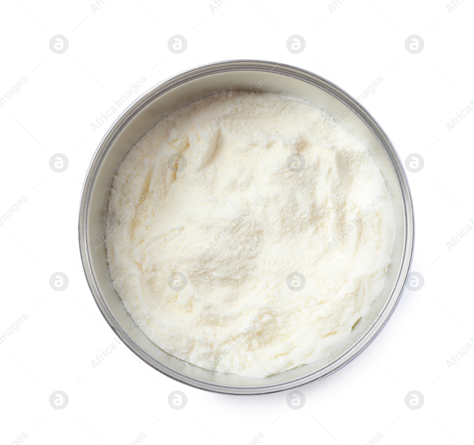 Photo of Can of powdered infant formula isolated on white, top view. Baby milk