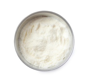 Photo of Can of powdered infant formula isolated on white, top view. Baby milk