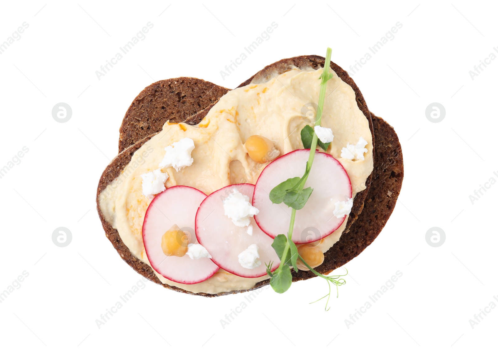 Photo of Delicious sandwich with hummus and ingredients on white background, top view