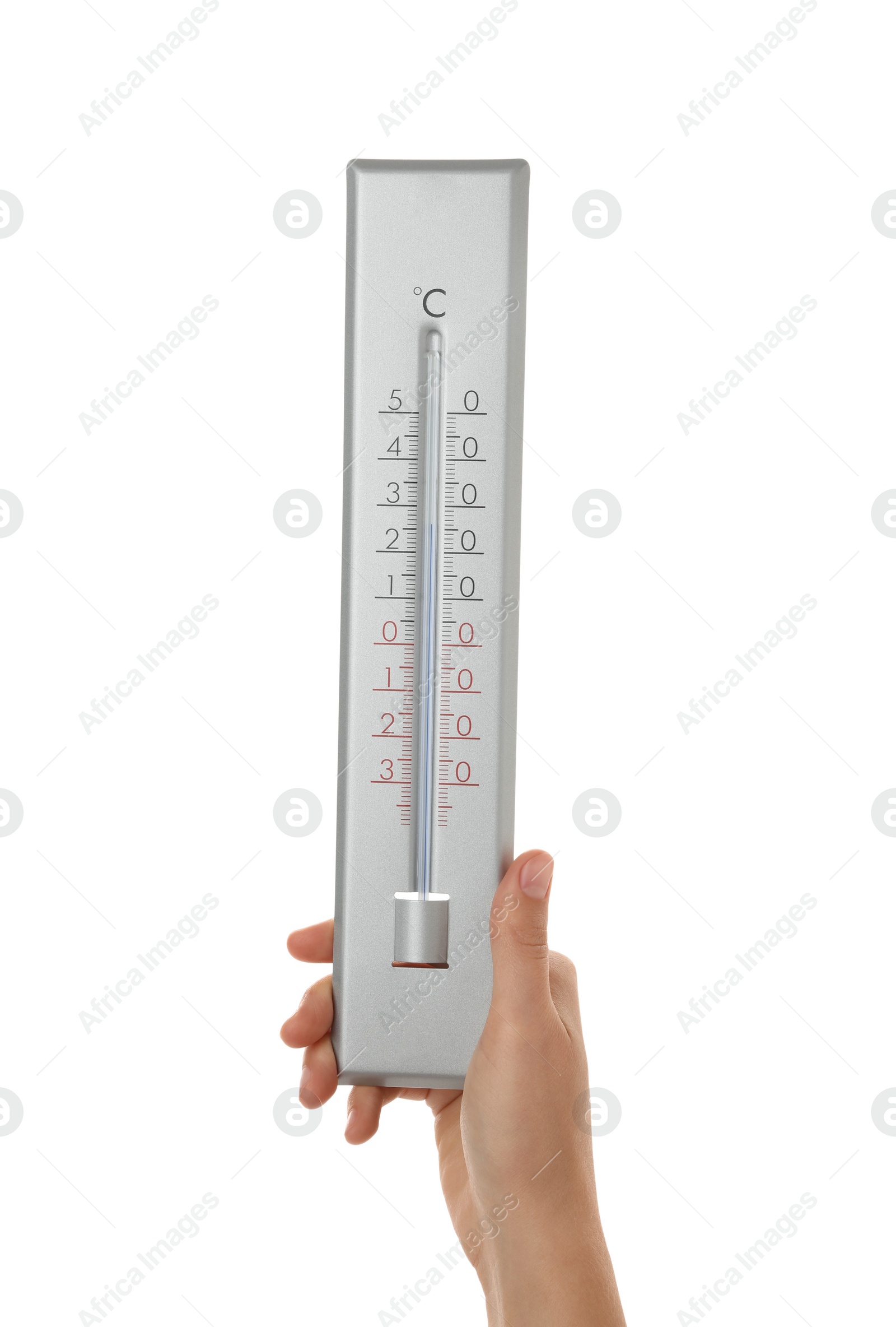 Photo of Woman holding weather thermometer on white background, closeup