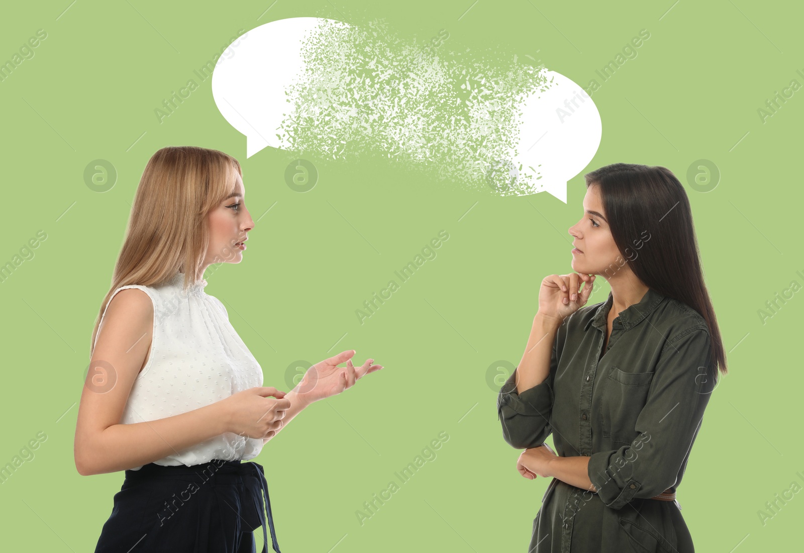 Image of Young women talking on light olive color background. Dialogue illustration with speech bubbles