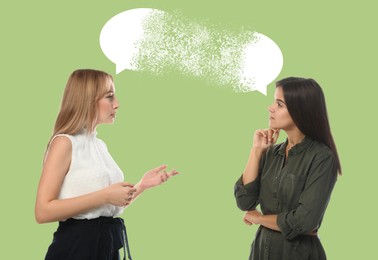 Young women talking on light olive color background. Dialogue illustration with speech bubbles