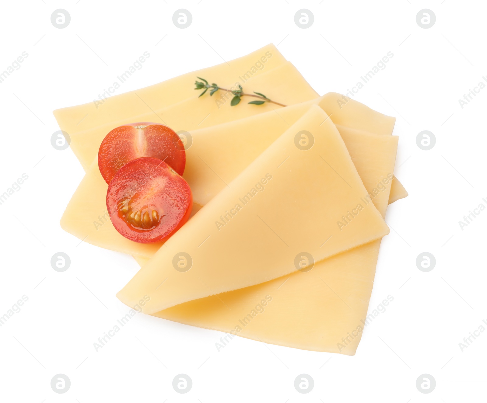 Photo of Slices of tasty fresh cheese, thyme and tomato isolated on white, above view