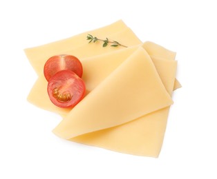 Slices of tasty fresh cheese, thyme and tomato isolated on white, above view