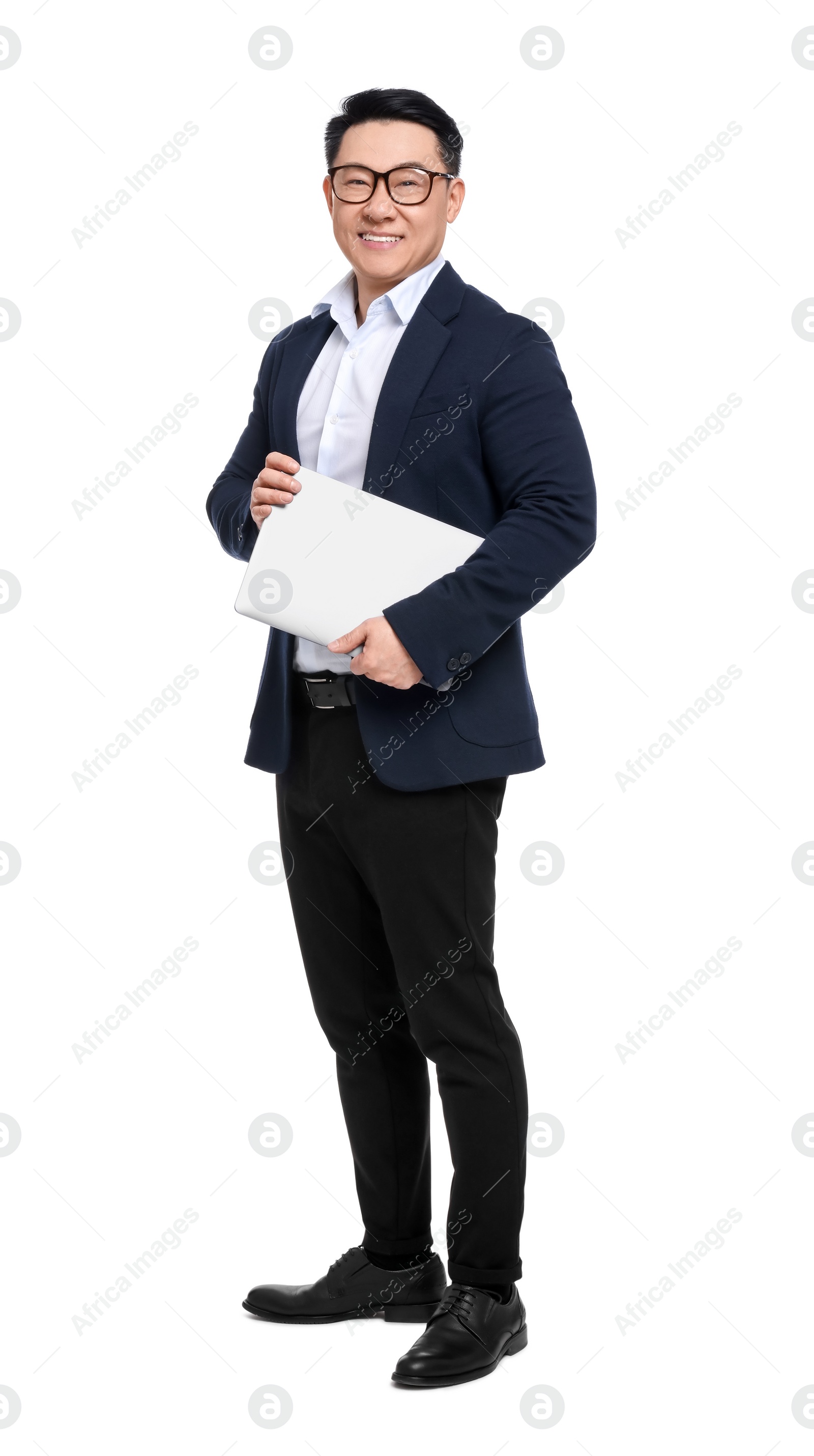 Photo of Businessman in suit with laptop on white background
