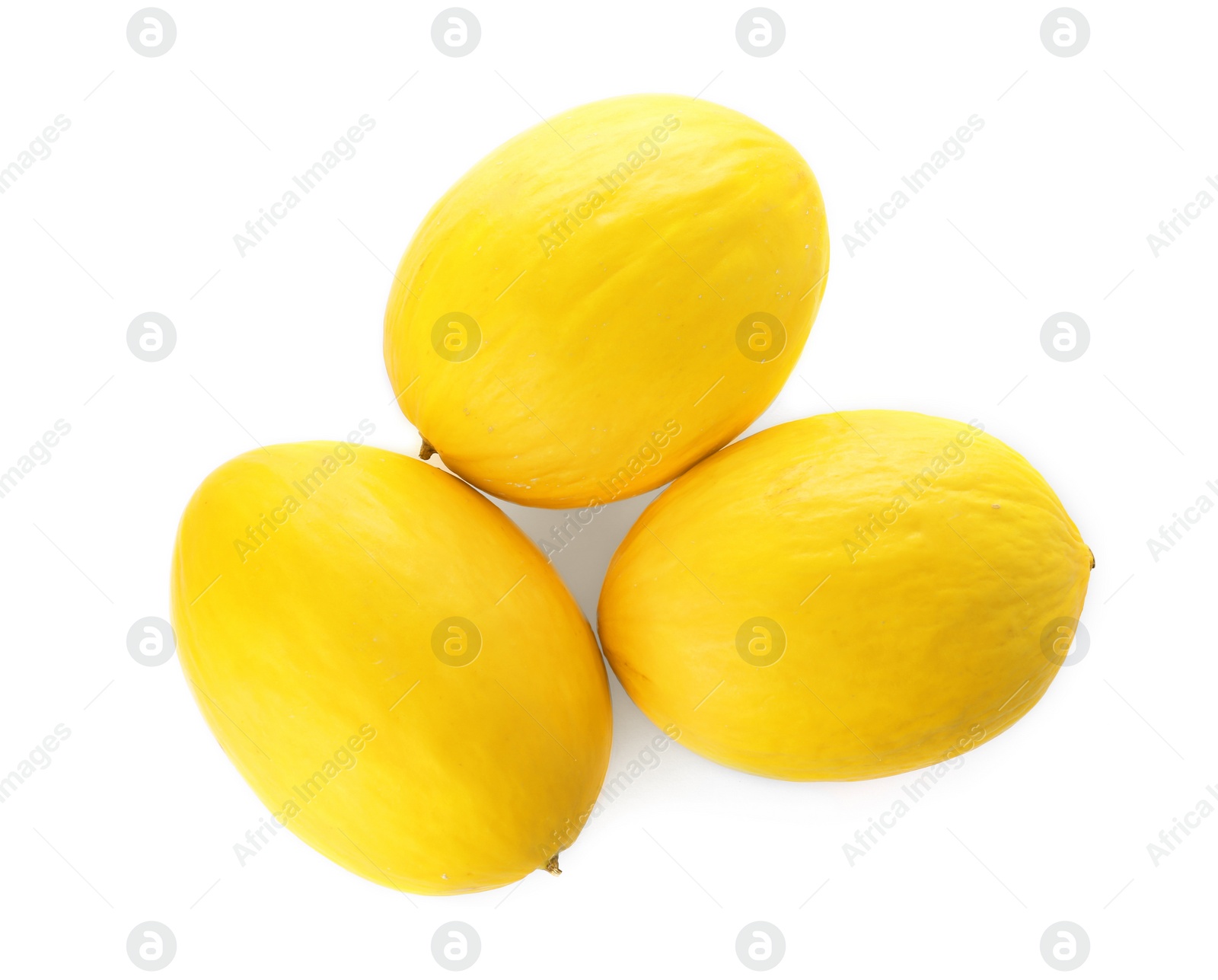 Photo of Whole tasty ripe melons on white background, top view