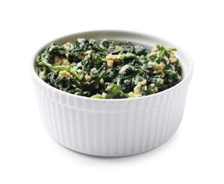 Tasty spinach dip with egg in bowl isolated on white