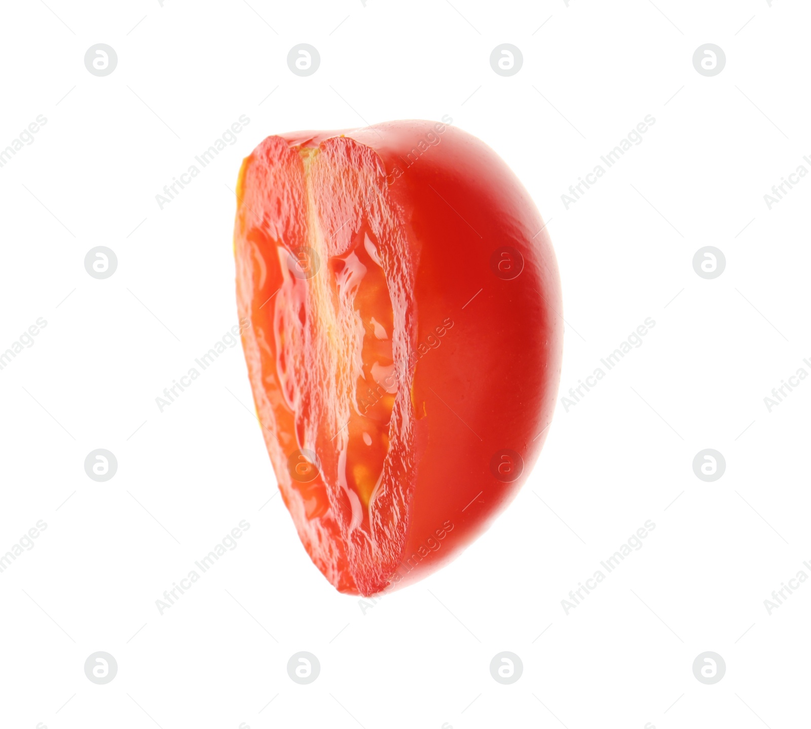 Photo of Slice of ripe tomato on white background