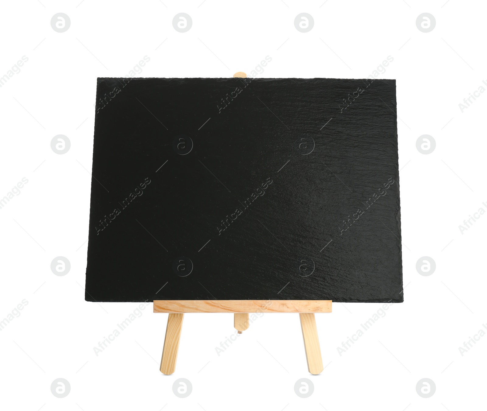 Photo of Wooden easel with blank blackboard on white background