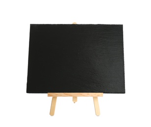 Photo of Wooden easel with blank blackboard on white background