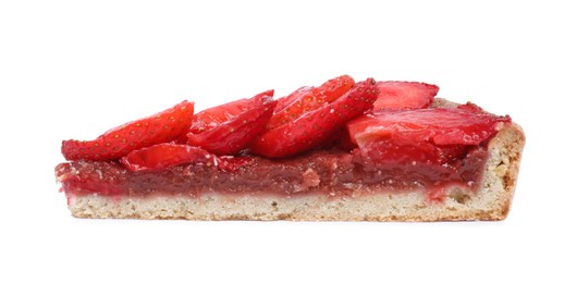 Photo of Piece of delicious strawberry tart isolated on white