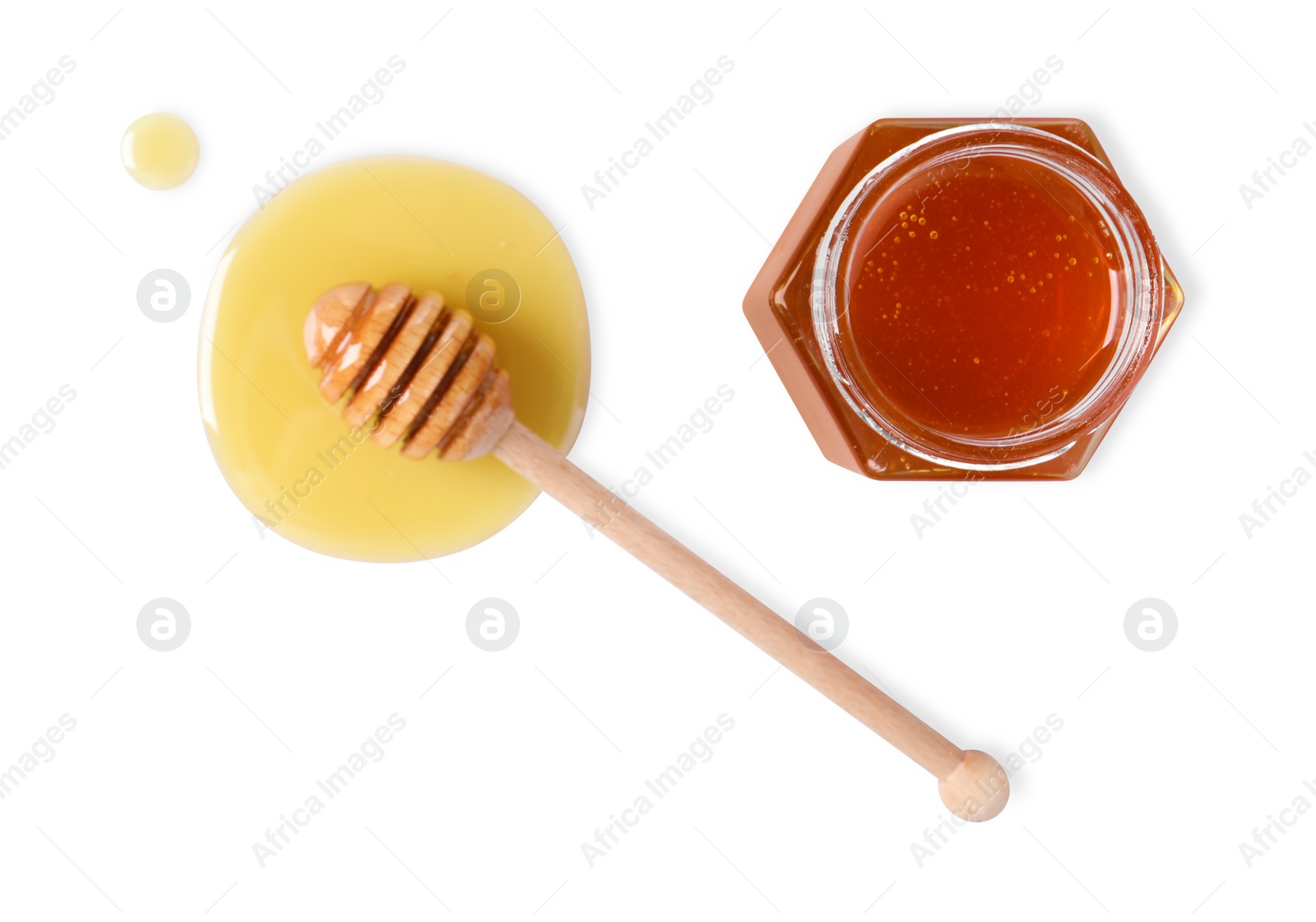 Photo of Tasty natural honey, glass jar and dipper on white background, top view