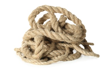 Photo of Bundle of hemp rope on white background. Organic material